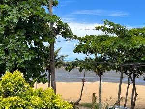 einen Strand mit Bäumen und dem Ozean im Hintergrund in der Unterkunft CasaCactus em Tamoios na quadra da praia junto a Barra de São João in Cabo Frio