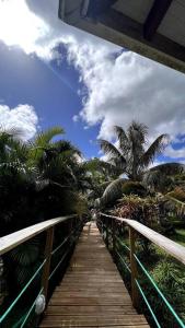 a wooden bridge with palm trees and a cloudy sky at Ô Palm : dans un petit écrin de verdure in Saint-Joseph