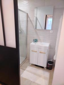 La salle de bains est pourvue d'un lavabo blanc et d'un miroir. dans l'établissement Chambre d'hôtes Orchidée, 