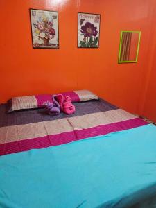 un letto in una camera con parete arancione di Draii Chalet 