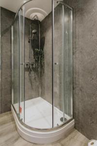 a shower with a glass enclosure in a bathroom at Spacious Apartment Near City Centre - Free Parking, Wi-Fi with King Size Bed in Nottingham