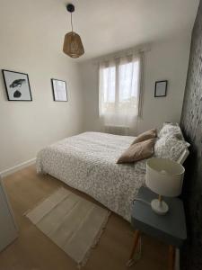 a white bedroom with a bed and a window at Appartement cosy près de la gare avec parking in Saint-Pierre-des-Corps