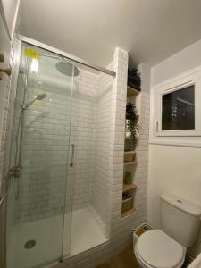 a bathroom with a toilet and a glass shower at Appartement cosy près de la gare avec parking in Saint-Pierre-des-Corps