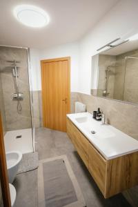 uma casa de banho com um lavatório, um WC e um chuveiro em Appartamento il Cervo em Fai della Paganella