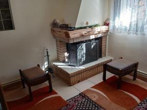 a living room with a fireplace and two chairs at Καταφύγιο in Vytina