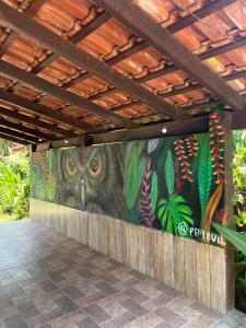 a mural of an owl on a wall at Aldeia de Camburi in Camburi