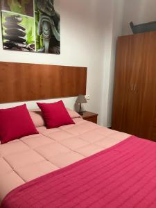 ein Schlafzimmer mit einem großen rosa Bett mit roten Kissen in der Unterkunft Cazorla Paraíso I, Arroyo Frío in Arroyo Frio