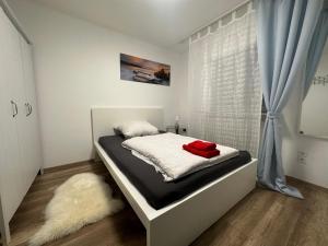 ein kleines Schlafzimmer mit einem Bett und einem Fenster in der Unterkunft Appartement Leimen in Leimen