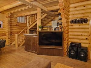 uma sala de estar com uma grande televisão num chalé de madeira em Troya Chalets em Baba Stana