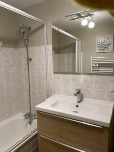 łazienka z umywalką i prysznicem z lustrem w obiekcie Gérardmer Appt 4/6 rez de jardin w mieście Gérardmer