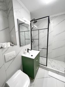 ein Bad mit einem WC, einem Waschbecken und einer Dusche in der Unterkunft Maxx Suites Cluj Napoca in Cluj-Napoca