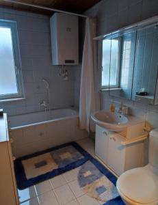 a bathroom with a toilet and a tub and a sink at Apartment inklusive Parkplatz in Velden am Wörthersee