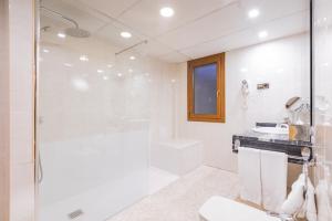 a bathroom with a shower and a toilet and a sink at Hotel Eth Solan & SPA in Vielha