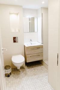 a white bathroom with a toilet and a sink at Appartements Am Kranichsee in Hahnenklee-Bockswiese
