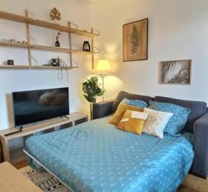 a bedroom with a blue bed and a tv at Appartement 2 pièces à quelques minutes de Paris in Le Pré-Saint-Gervais