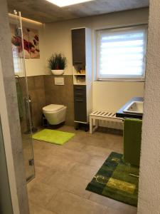 La salle de bains est pourvue de toilettes, d'un lavabo et d'une fenêtre. dans l'établissement Blick ins Wutachtal, à Wutöschingen