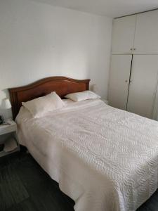 1 dormitorio con 1 cama blanca y 2 almohadas en Frente a playa brava, en Punta del Este