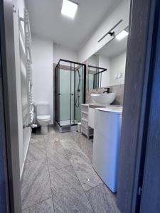 uma casa de banho com um lavatório e um WC em Apartament Walczaka 43 MIEJSCE PARKINGOWE em Gorzów Wielkopolski