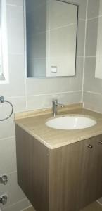 a bathroom with a sink and a mirror at Curacautín Lodge in Curacautín