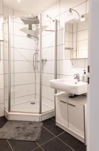 a bathroom with a shower and a sink at Eindrucksvolles Gruppen– und Monteursloft in Edingen-Neckarhausen
