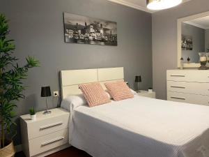 um quarto com uma cama branca e 2 almofadas cor-de-rosa em Piso Plaza Ravella em Vilagarcía de Arousa