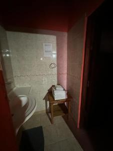 ein Badezimmer mit einem Waschbecken, einem WC und einem Tisch in der Unterkunft HOSPEDAJE TAFI in Tafí del Valle