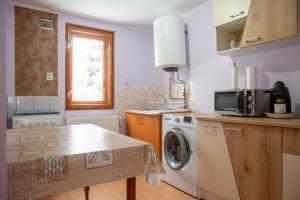 a kitchen with a washing machine and a microwave at Kamilla Vendégház Borzont in Borzont +21 photos