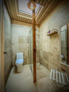 a bathroom with a toilet and a glass shower at Espacio Adobe - Hostal Boutique in Diego de Almagro