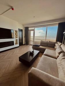 a large living room with a couch and a tv at Apartment Marmoris in Zandvoort