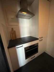 a small kitchen with a stove and a hood at Apartment Marmoris in Zandvoort