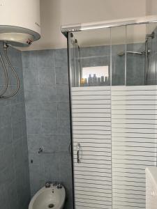 een badkamer met een douche, een toilet en een wastafel bij Casa C&S in Mascali