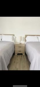 two beds with white sheets and a nightstand with a lamp at Downtown Inn in Rochester