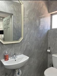 a bathroom with a sink and a mirror and a toilet at Tia Maria cottage in Cape Town +5 photos