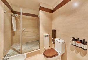 a bathroom with a toilet and a shower and a sink at NH Collection Palacio de Burgos in Burgos
