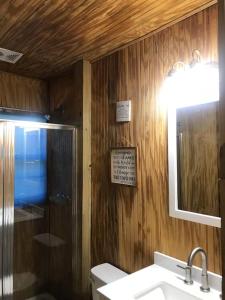 een badkamer met een wastafel, een douche en een spiegel bij The KEMP’S BL ‘ONE in Fosters