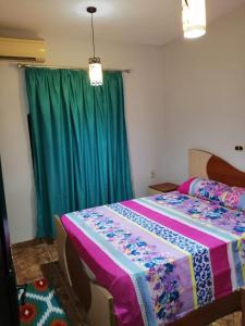 1 dormitorio con 1 cama y cortina verde en Al Dahar apartments Hurghada, en Hurghada