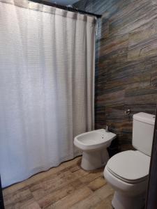 a bathroom with a toilet and a shower curtain at Cabaña La Encontrada in Villa Pehuenia