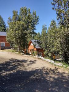 a dirt road in front of a house with trees at Cabaña La Encontrada in Villa Pehuenia