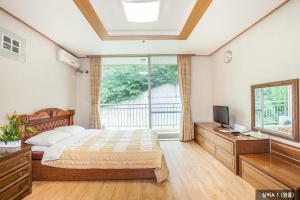 a bedroom with a bed and a television and a window at Gyeongju Ilsung Condo in Gyeongju