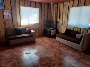 a living room with two couches and a stove at Cabaña Cunco parcela in Cunco