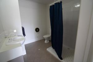 a bathroom with a blue shower curtain and a toilet at Great Western Motel Norseman in Norseman