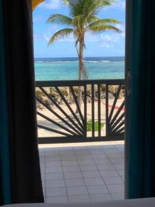 - une vue sur la plage depuis une chambre avec un palmier dans l'établissement Résidence Nature Ocean - M&P Concept, à Cadet