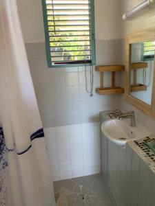 La salle de bains blanche est pourvue d'un lavabo et d'un miroir. dans l'établissement Résidence Nature Ocean - M&P Concept, à Cadet