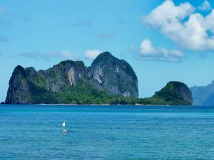 a bird in the water with mountains in the background at El Nido Beach Camp 