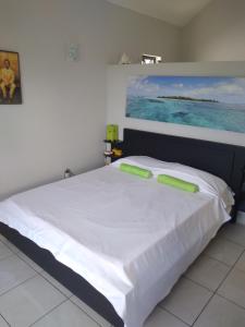 a bedroom with a bed with two green pillows on it at Villa Leocia in Beau Vallon