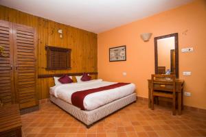 1 dormitorio con cama, mesa y espejo en Peaceful Cottage & Cafe Du Mont en Nagarkot
