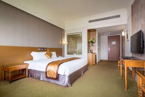 een hotelkamer met een groot bed en een televisie bij Royal Chiayi Hotel in Chiayi City