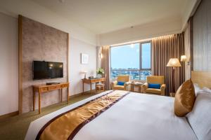 嘉義市にあるロイヤル チアーイー ホテルの大型ベッドとテレビが備わるホテルルームです。
