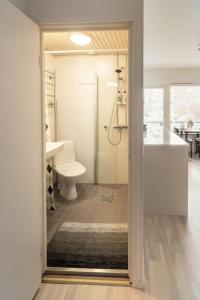 een badkamer met een douche, een toilet en een wastafel bij Eastend Pearl - Studio with great kitchen - subway and shops near in Helsinki