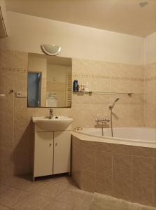 y baño con lavamanos, bañera y lavamanos. en MotoHostel Wolter - hostel Copa en Všeň